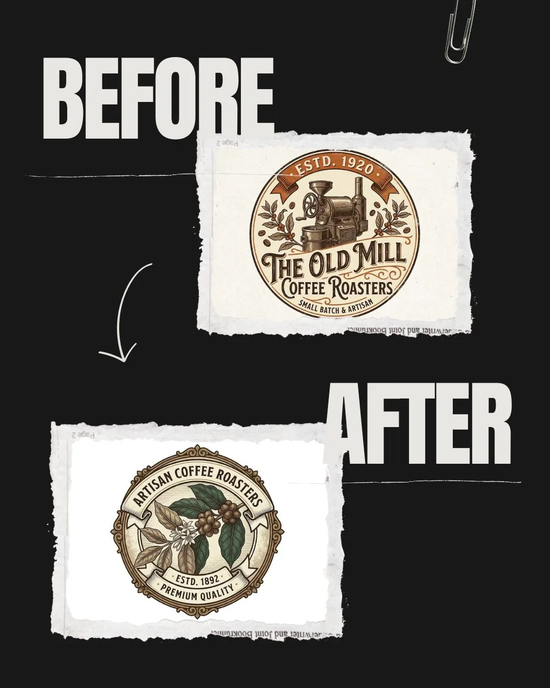 Before and after comparison of vintage badge logo for local business showing structured prompt results